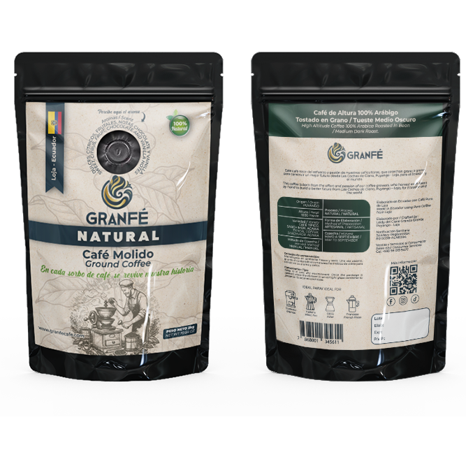 Empaque de Café Sabor Natural molido de altura Café Granfe Loja 400g 1kg