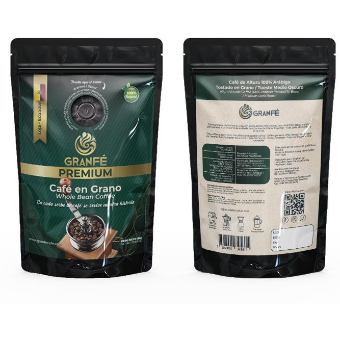 Empaque de Café Premium en grano de especialidad Café Granfe Loja 450g 1kg